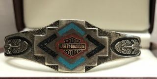 Vintage Harley Davidson Motor Cycles Sterling Silver Cuff Turquoise Bracelet