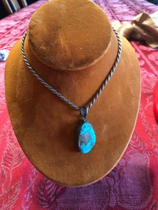 Vintage 20” Sterling Silver Necklace And Turquoise Pendant Design