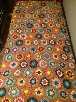 Large Full Size Vintage Crochet Granny Squares Hexagon Blanket Throw Retro