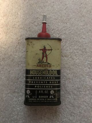 Old Vintage Archer 4 Oz Household Oil Can - Handy Oiler Tin W/ Great Graphics