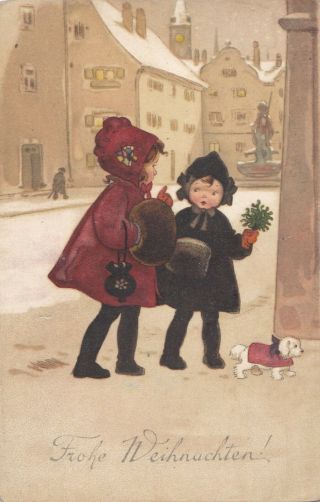 F.  Baumgarten Two Little Girls With Small Dog Walk In Snow