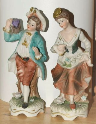 Vintage Royal Crown Bisque Porcelain Victorian Couple - Two 8 " Figurines Vibrant