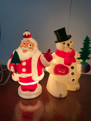 Pair (2) Vintage Royalite (?) Santa And Snowman Light Decoration 1950s Christmas