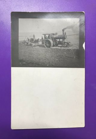 Real Photo Postcard Steam Engine Tractor Horses Plowing Farming