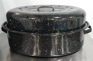 Vintage Roastwell Black Granite Porcelain Enamel Large Roasting Pan With Lid