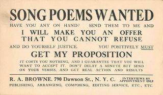 York City,  Ny,  R.  A.  Browne Adv For Song Poems On Gov 
