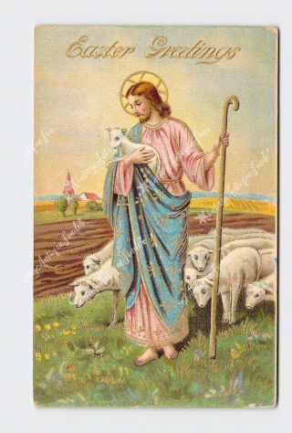 Ppc Postcard Easter Greetings Jesus Holding Lamb With Sheep Following Him Gold E