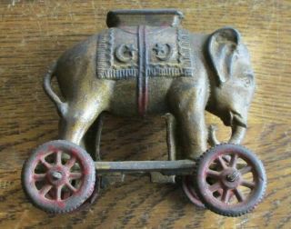 Antique A.  C.  Williams Painted Cast Iron Elephant Bank On Wheels 9 4 " Long