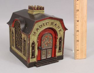 19thc Antique J&e Stevens Co Painted Cast Iron Mechanical Magic Bank,