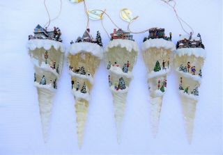 Set Of 5 Thomas Kinkade Icicle Village With Tags Tree Ornaments