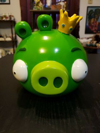 Rare Angry Birds King Pig Green Piggie 7.  5 " Ceramic Coin Bank Stopper Crown