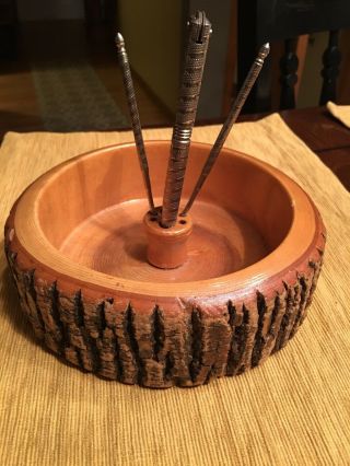 Vintage Wood Tree Bark Nut Bowl With Nut Cracker And 2 Picks