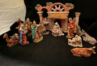 Vintage Nativity 12 Pc Set With Stable Plaster Made In Columbia Hand Painted