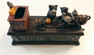Vintage Cast Iron Cat And Mouse Mechanical Coin Bank Cute Cats Yarn Mouse