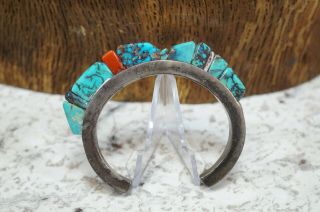 Vtg Sterling Silver Hand Crafted Native American Turquoise Coral Cuff Bracelet