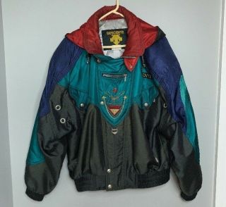 Vtg 90s Wild Descente Mens Hooded Embroidered Color Block Ski Jacket Size Xl