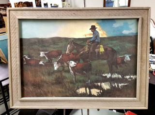 Vintage Signed Western Painting Oil On Canvas Signed Framed Cowboy Herd