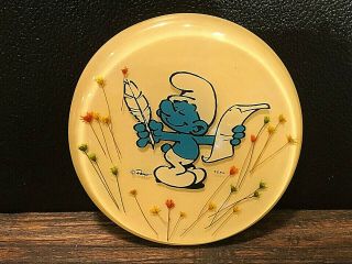 Vintage Acrylic Lucite Smurf W/ Dried Flowers Footed Trivet.  Peyo