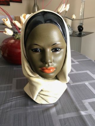 Vintage Art Deco Marwal Chalkware Exotic Woman In Scarf Head Bust 10 "