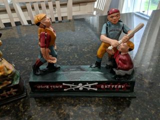 2 x Hometow Battery Vintage 1950s Mechanical Cast Iron Bank Collectible Baseball 2