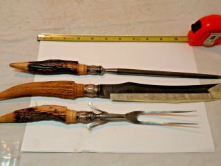 A Set Of 3 Vintage Carving Set With Stag Handles & Sterling Bands Ds
