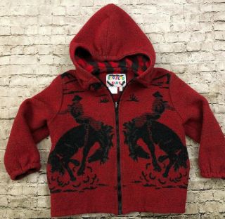 Vtg Kids Large Wool Blend Red/black Reversible Hooded Horse Riding Rodeo Jacket
