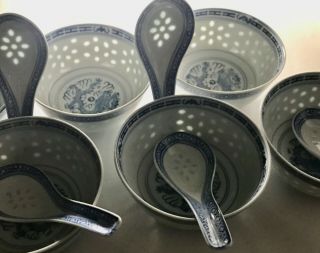 Vintage Chinese Rice Grain Pattern Dragon Porcelain Soup Bowl & Spoon Set Of 6