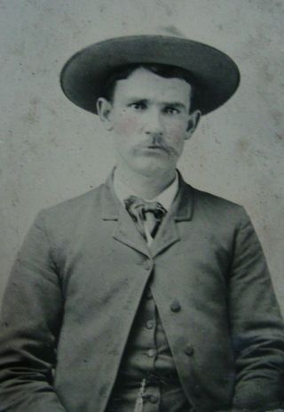 Antique Tintype Photo Of A Handsome Dapper Young Man Wearing A Cowboy Hat
