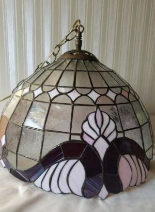 Vintage Hanging Lamp Tiffany Style Leaded Stained Glass Purple