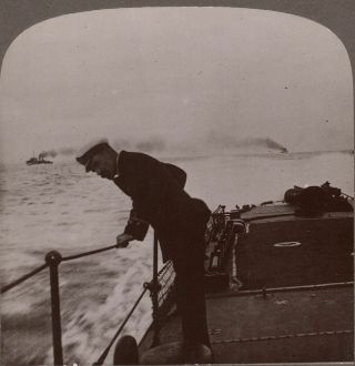 Ww1 Stereoview.  Royal Navy In Action.  British Destroyers Track German Submarine