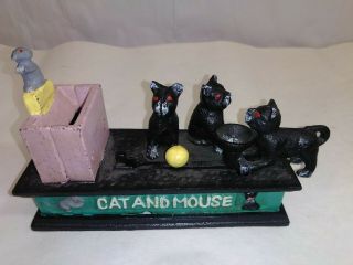 Vintage Cast Iron Mechanical Cat And Mouse Coin Bank