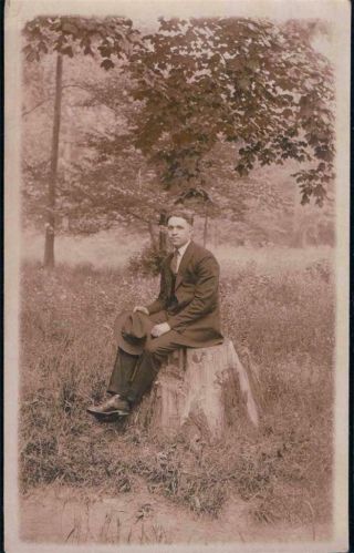 Photo Postcard: Handsome African American Man Sitting On Tree Stump - Rppc D17