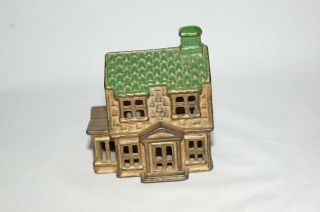 Cast Iron Small " Colonial House With Porch (green Roof) " Building Still Bank