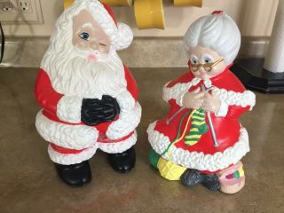 Vintage Handmade Painted Ceramic Mr And Mrs Santa Clause Figurines 9 " Tall