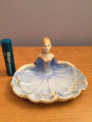 Vintage Hand Painted Victorian Lady Blue Dress Vanity Dresser Dish Taupe China