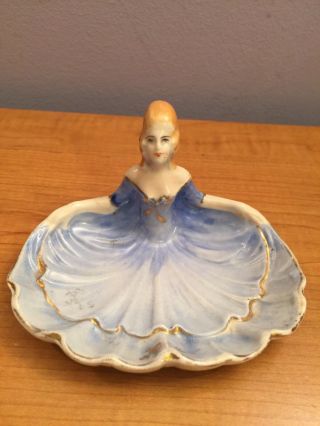Vintage Hand Painted Victorian Lady Blue Dress Vanity Dresser Dish Taupe China 2