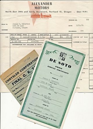 1954 De Soto Owner Certificate,  Receipt For Purchase & Final Ok Tag