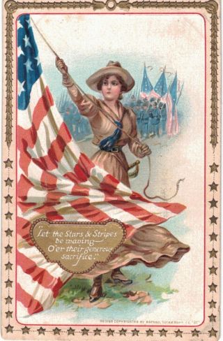 Decoration Memorial Day Tuck 179 Lady Soldier Raises Flag 1910 Patriotic Stars