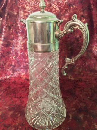 Vintage Diamond Glass Decanter Pitcher Silver Plated Handle Lid With Ice Insert