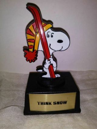 Skiing Ski Snoopy Plastic Trophy 1970 Aviva Handpainted Hong Kong " Think Snow "