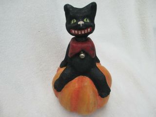 Rare Vintage Bethany Lowe Flocked Black Cat On Pumpkin 9 Inch Paper Mache