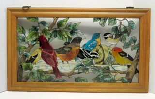 Vtg Joan Baker Designs Stained Hand Painted Glass Seven Birds Wood Framed