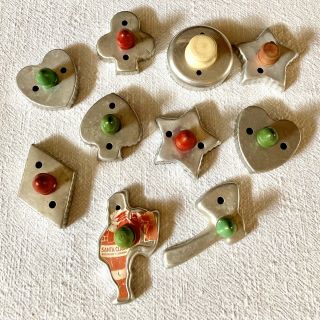 10 Vintage Wooden Handled Aluminum Christmas Cookie Cutters - Red Green White