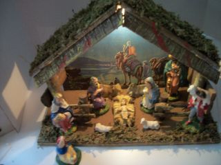 Vintage 12 Piece Nativity Set With Lighted Creche Manger Stable Made In Italy