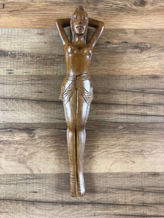 Vintage Solid Wood Naked Lady Nutcracker Hand Carved Nude Hinged Leg 14 "