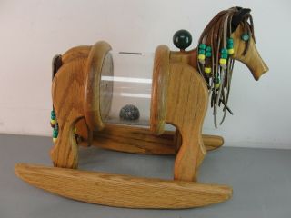 Oak Leather Wood Wooden Rocking Horse Figurine Piggy Bank Clear Acrylic 14x10