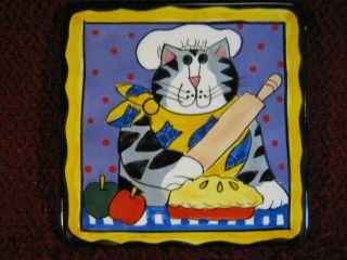 Catzilla By Candace Reiter Tile Trivet Hand Painted Pie - Baking Kitty - Cat 2002