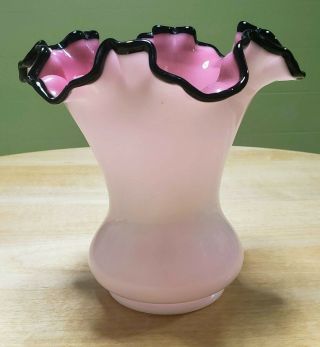 Scarce Vintage Fenton Art Glass Black Rose Crest Ruffled Vase 6 1/2 "