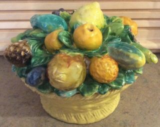 Cantagalli :: Vintage Majolica 5”x 8” Lidded Fruit Basket Sculptural Signd Italy