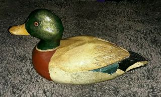 Vintage Hand Carved Solid Wood Mallard Duck Decoy Figure Hand Painted Glass Eyes